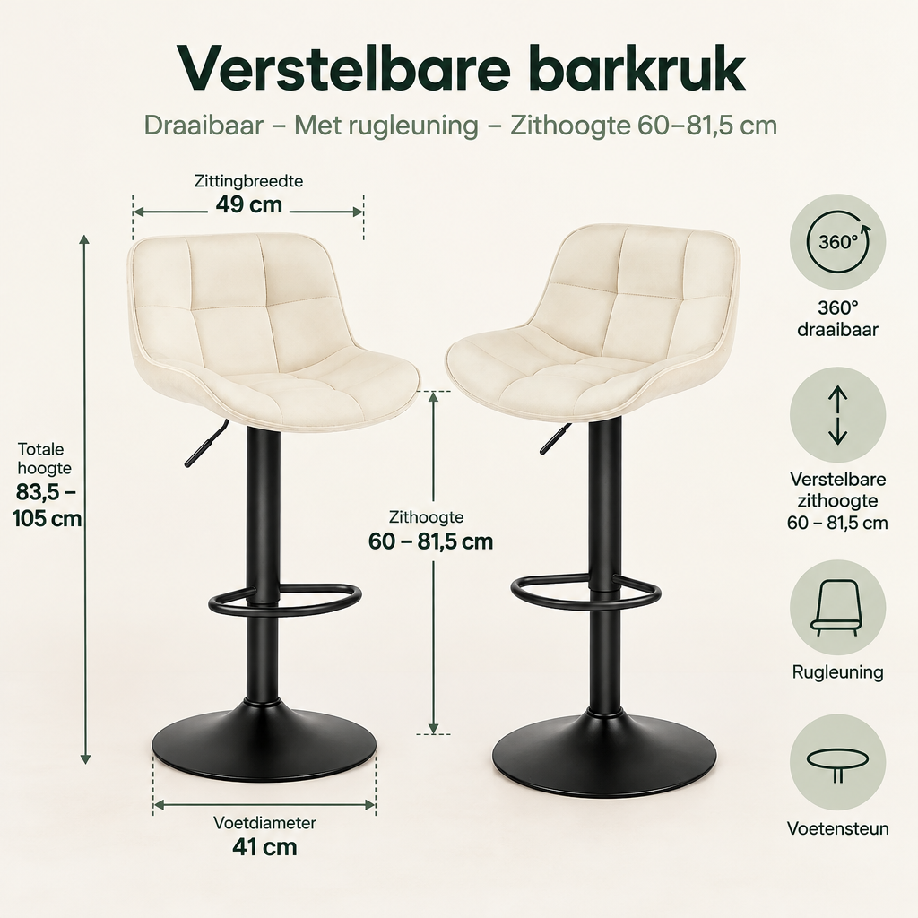 Afmetingen en productspecificaties van verstelbare barkruk