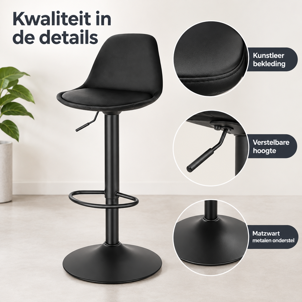 Verstelbare barkruk met rugleuning van BukkitBow, 360° draaibaar, zithoogte 62-83,5 cm, gedetailleerd materiaal zichtbaar