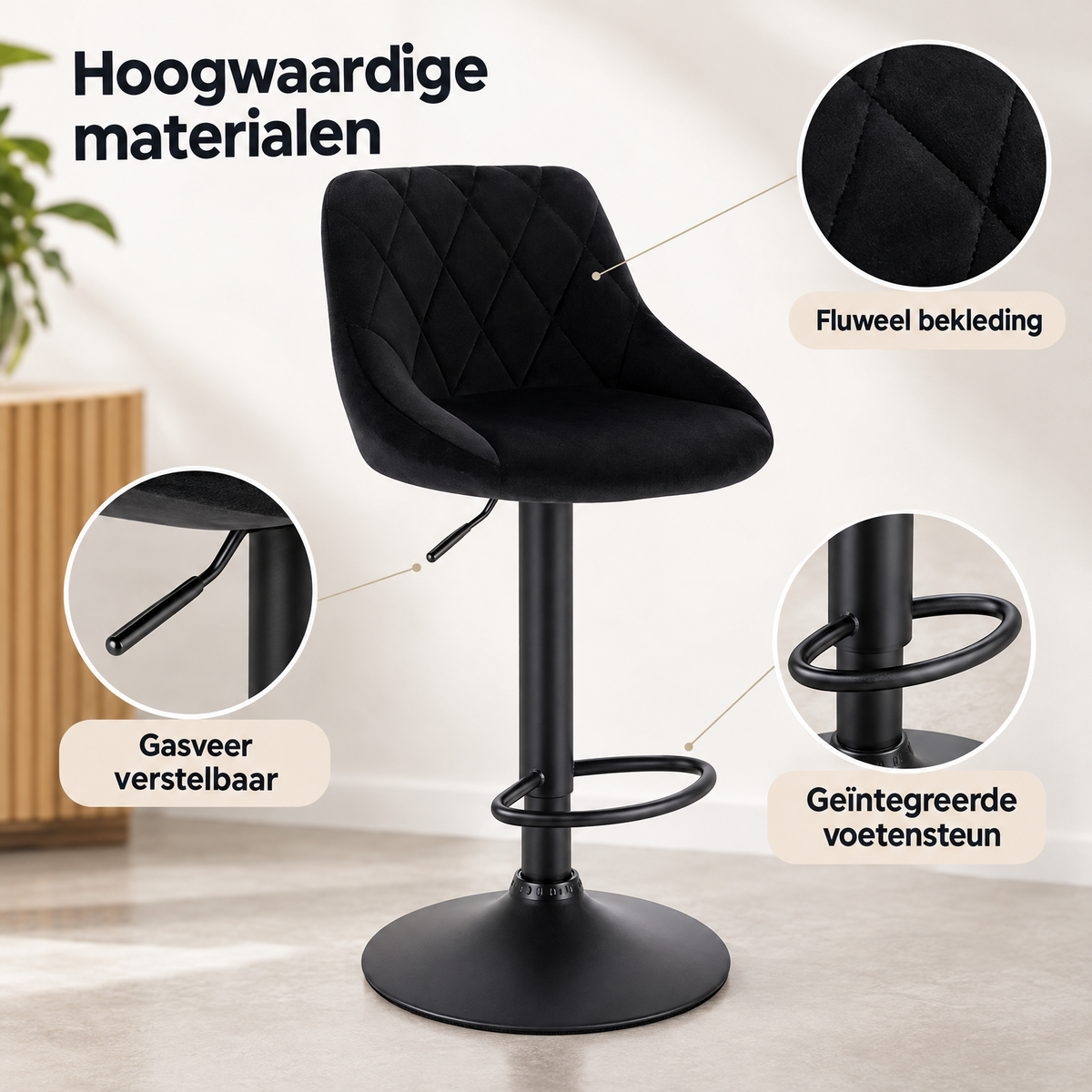 Detail van materiaal en afwerking van verstelbare barkruk met rugleuning