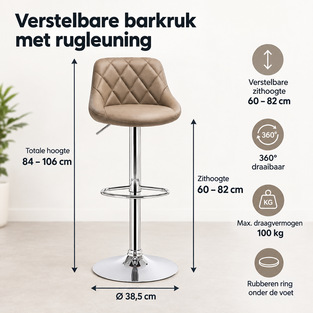 Afmetingen en productspecificaties van verstelbare barkruk met rugleuning