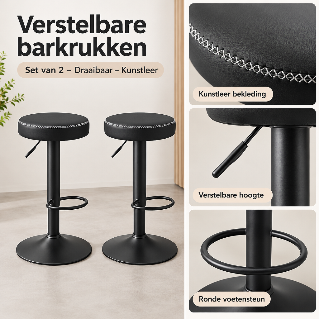 Detail van materiaal en afwerking van verstelbare barkrukken set van 2