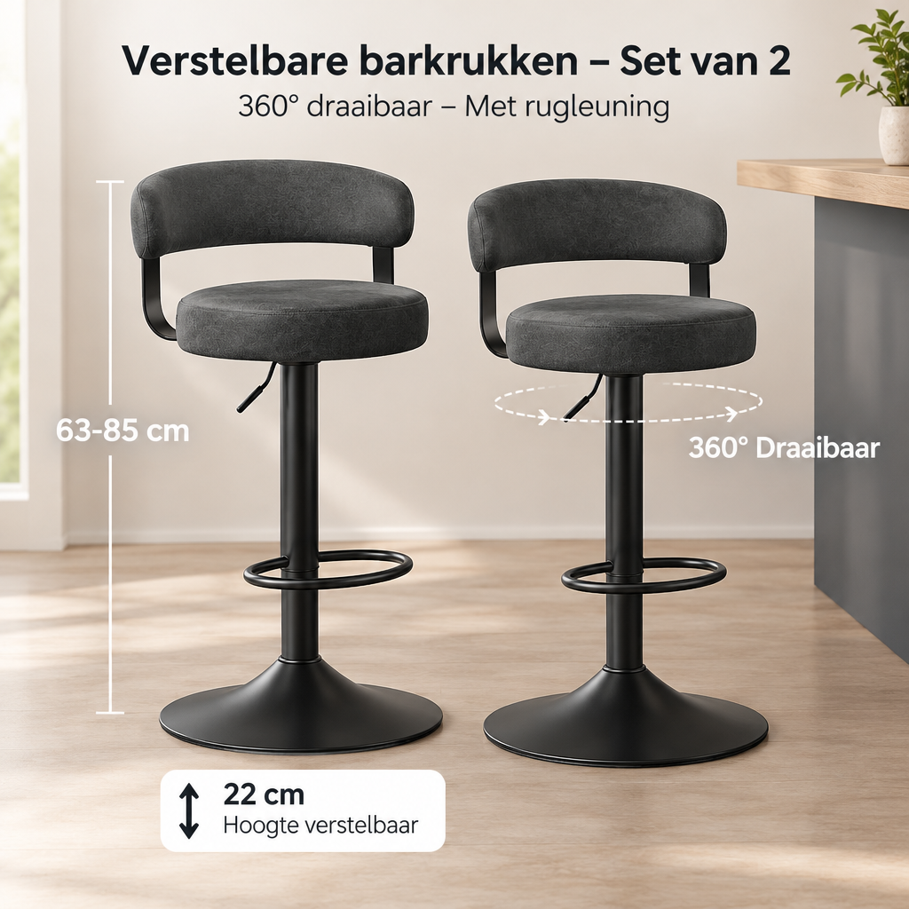 Afmetingen en productspecificaties van verstelbare barkrukken set van 2
