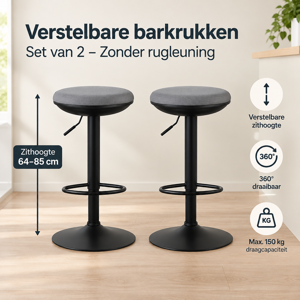 Afmetingen en productspecificaties van verstelbare barkrukken set van 2