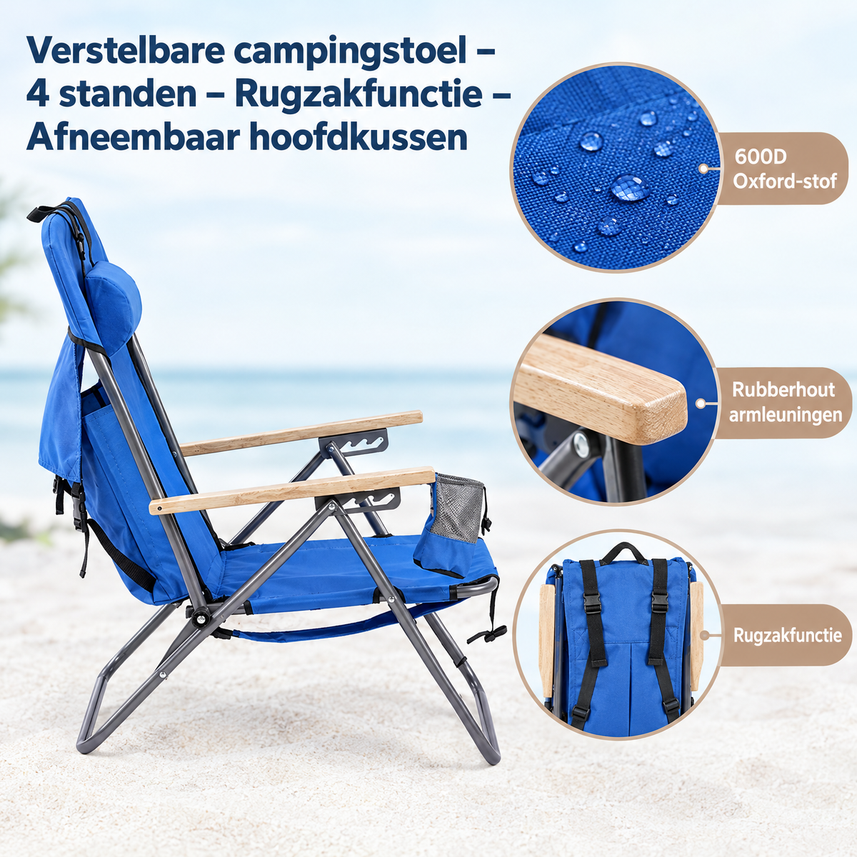 Detail van materiaal en afwerking van verstelbare campingstoel