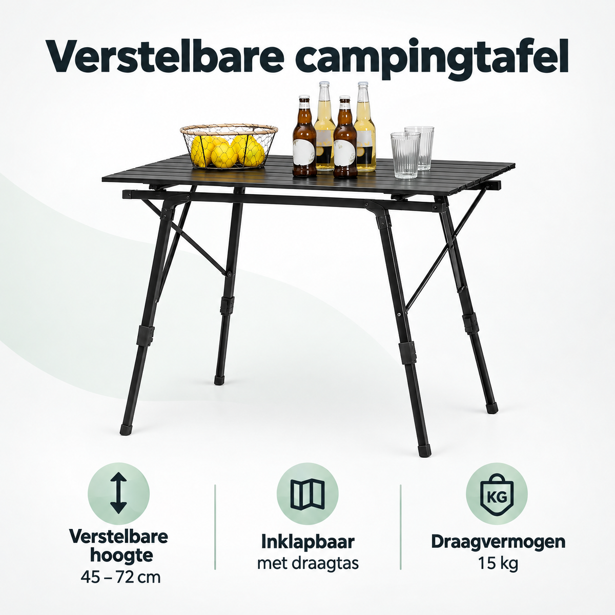 Overzicht van verstelbare campingtafel met de belangrijkste productvoordelen