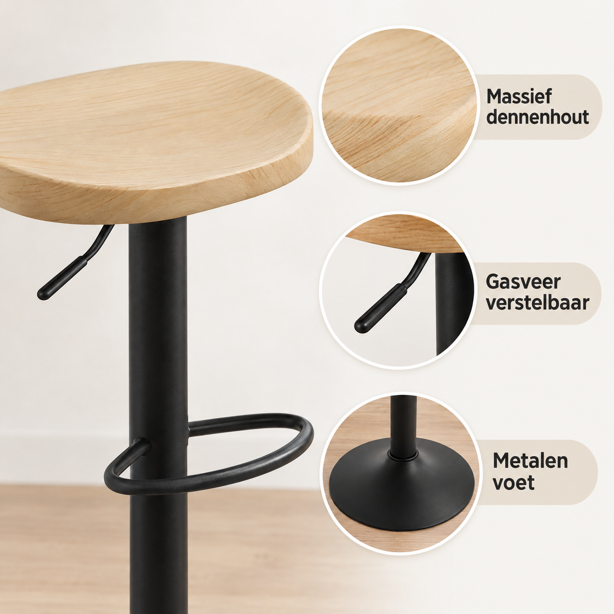 Detail van materiaal en afwerking van verstelbare houten barkruk