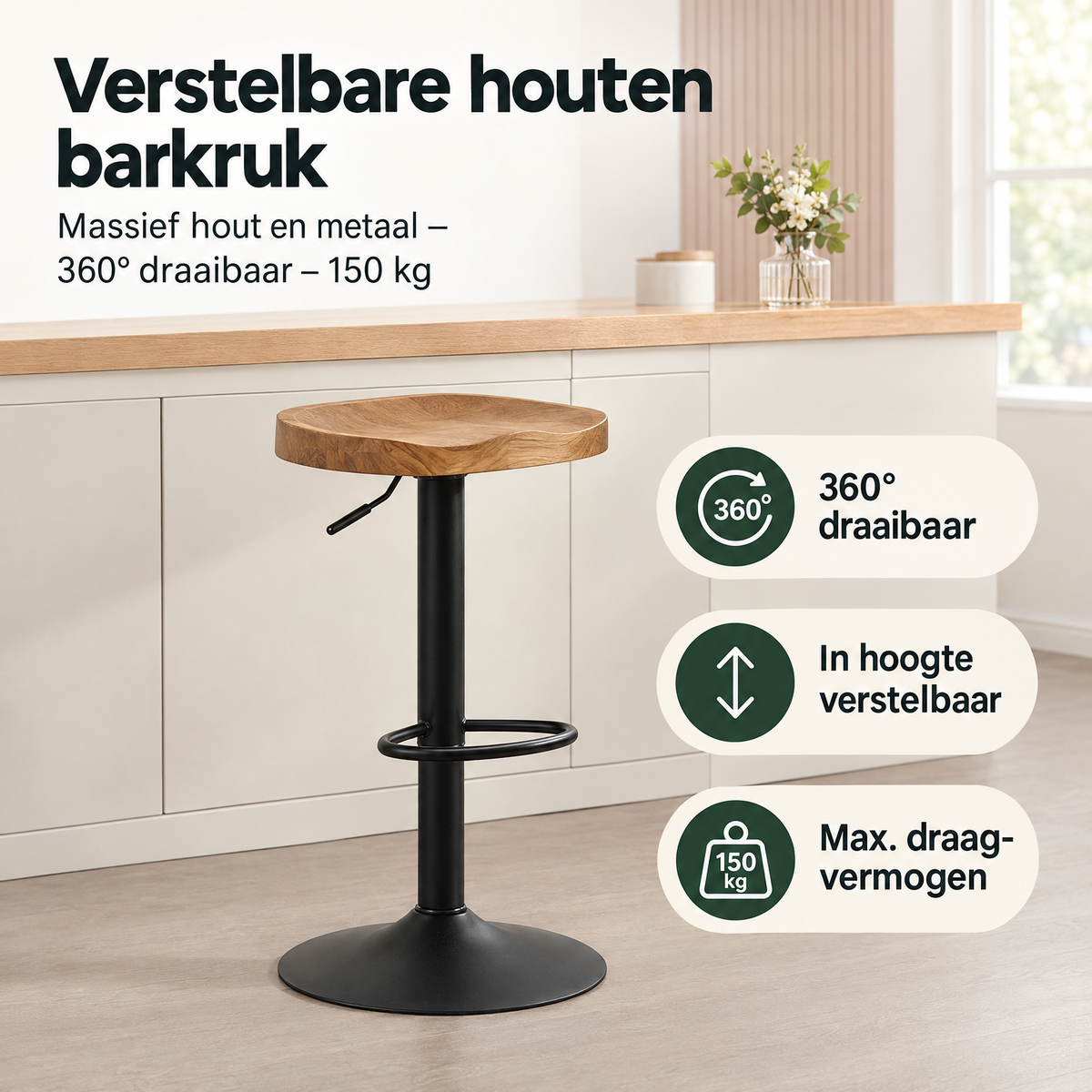 Praktische toepassing en keuzehulp voor verstelbare houten barkruk