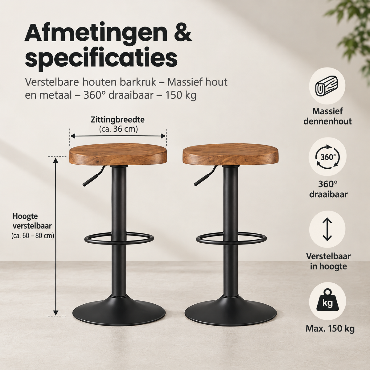 Afmetingen en productspecificaties van verstelbare houten barkruk
