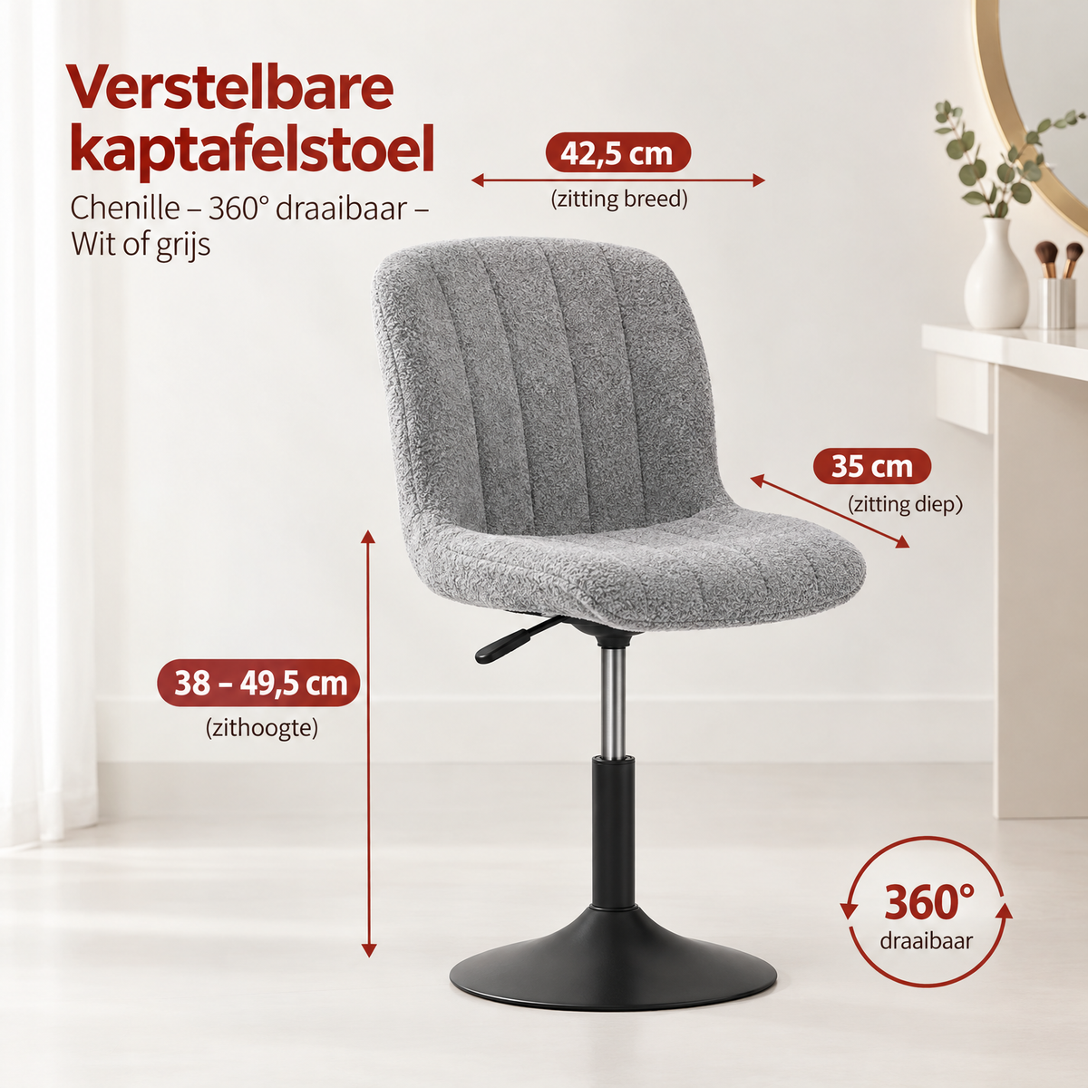 Afmetingen en productspecificaties van verstelbare kaptafelstoel