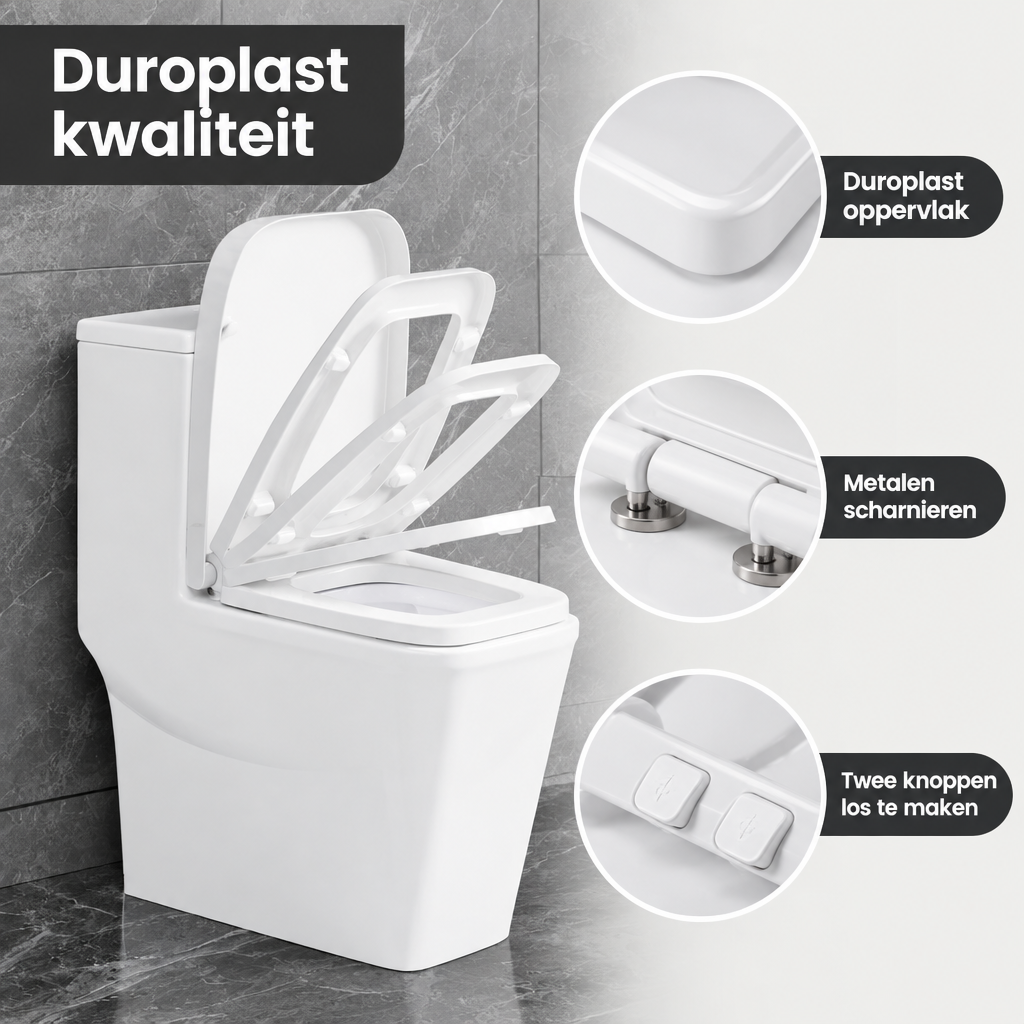 Detail van materiaal en afwerking van vierkante toiletbril