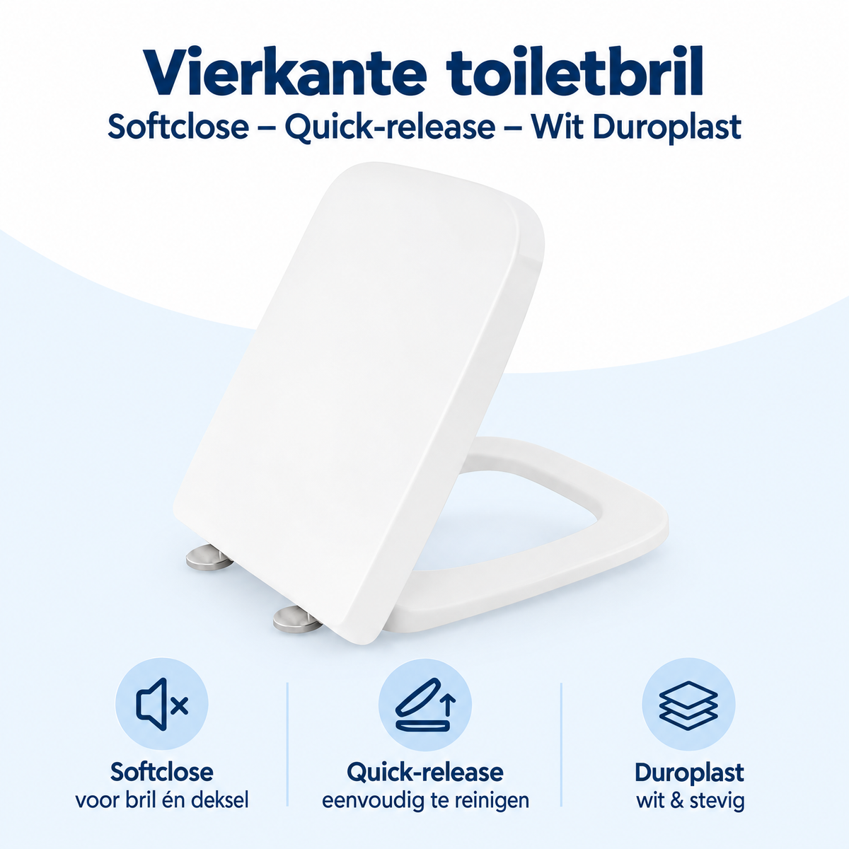 Vierkante toiletbril van Duroplast met softclose en quick-release, in wit, voor comfortabel en hygiënisch gebruik.