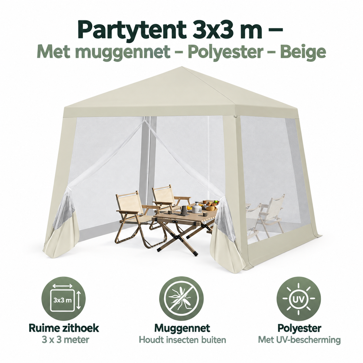 PIM Shopify visual 3/6 · Partytent 3x3 m – Met muggennet – Polyester – Beige – Belangrijkste voordelen