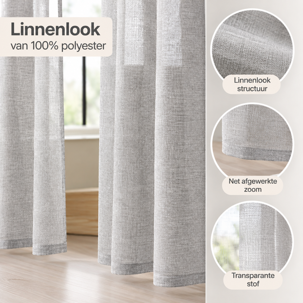Detail van materiaal en afwerking van vitrage gordijnen