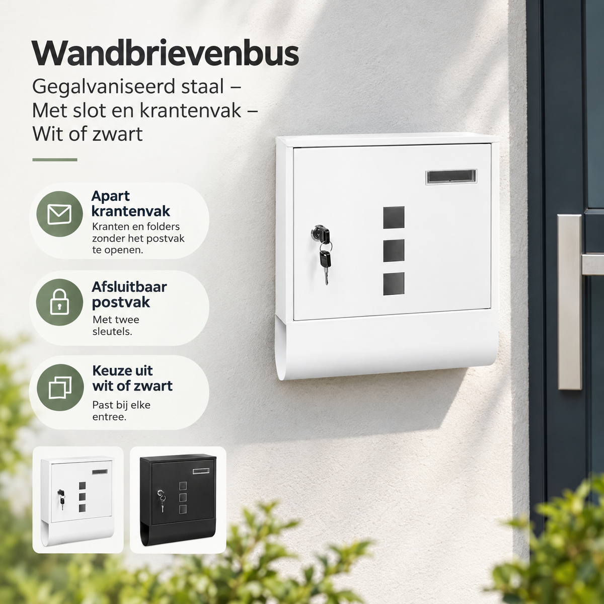 Wandbrievenbus van BukkitBow in gegalvaniseerd staal, met slot en krantenvak, in wit of zwart, geschikt voor buitengebruik.