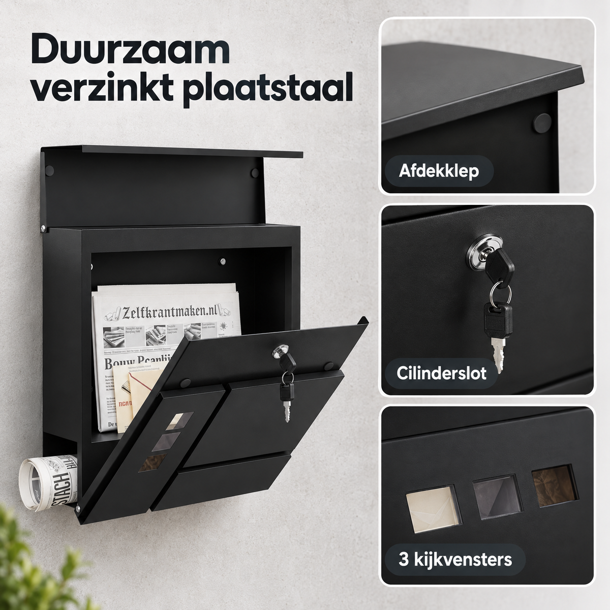Wandbrievenbus van BukkitBow met krantenvak, drie kijkvensters en slot voor veilige postafhandeling.