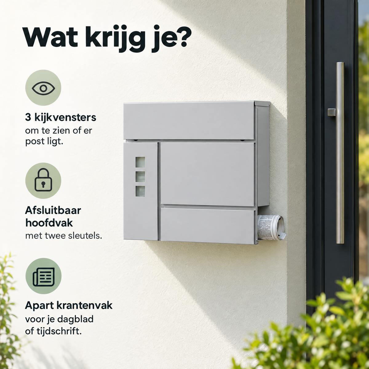 Wandbrievenbus van BukkitBow met krantenvak, drie kijkvensters en slot voor veilige postbezorging.