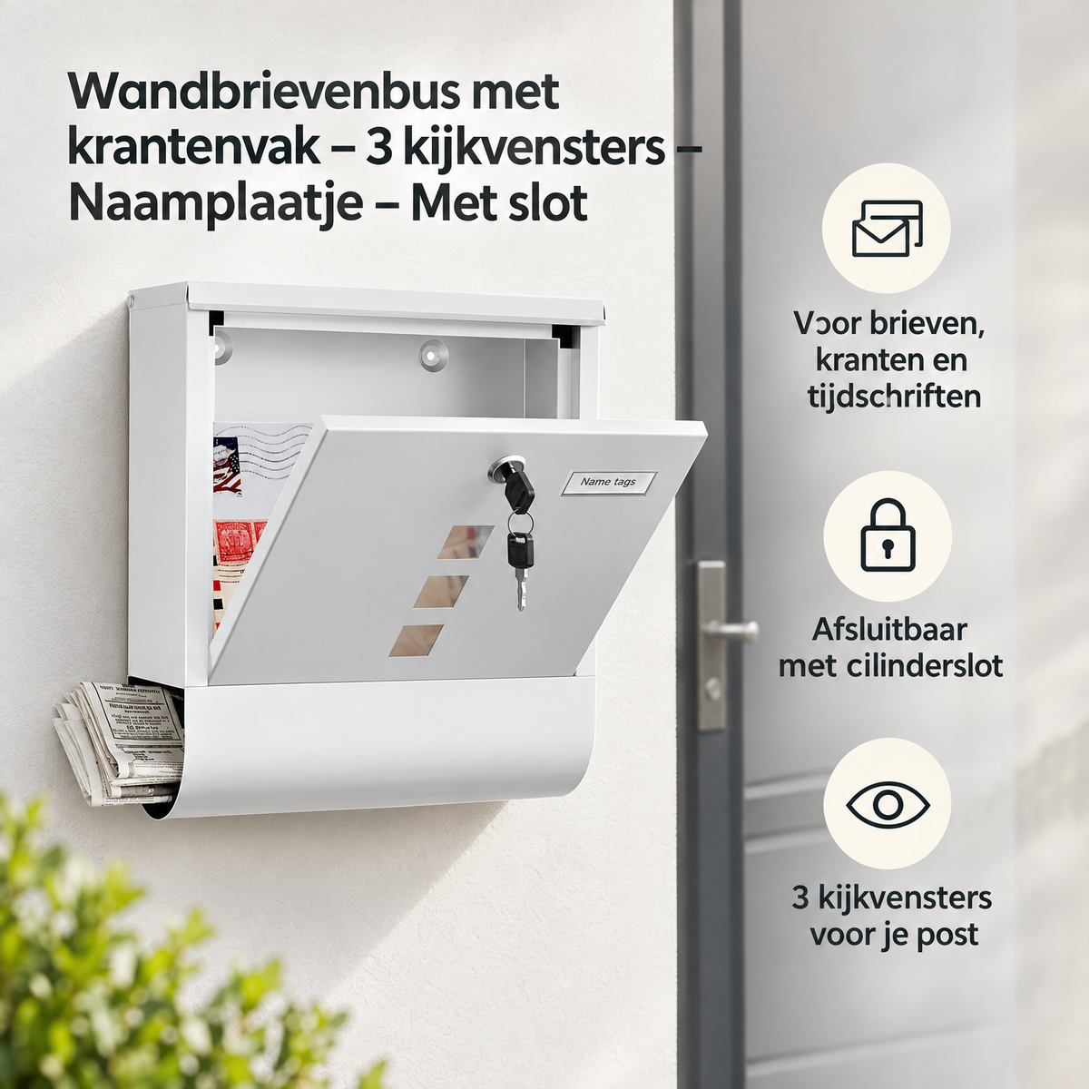 BukkitBow wandbrievenbus met krantenvak, 3 kijkvensters en slot, geschikt voor buitengebruik, met naamplaatje.