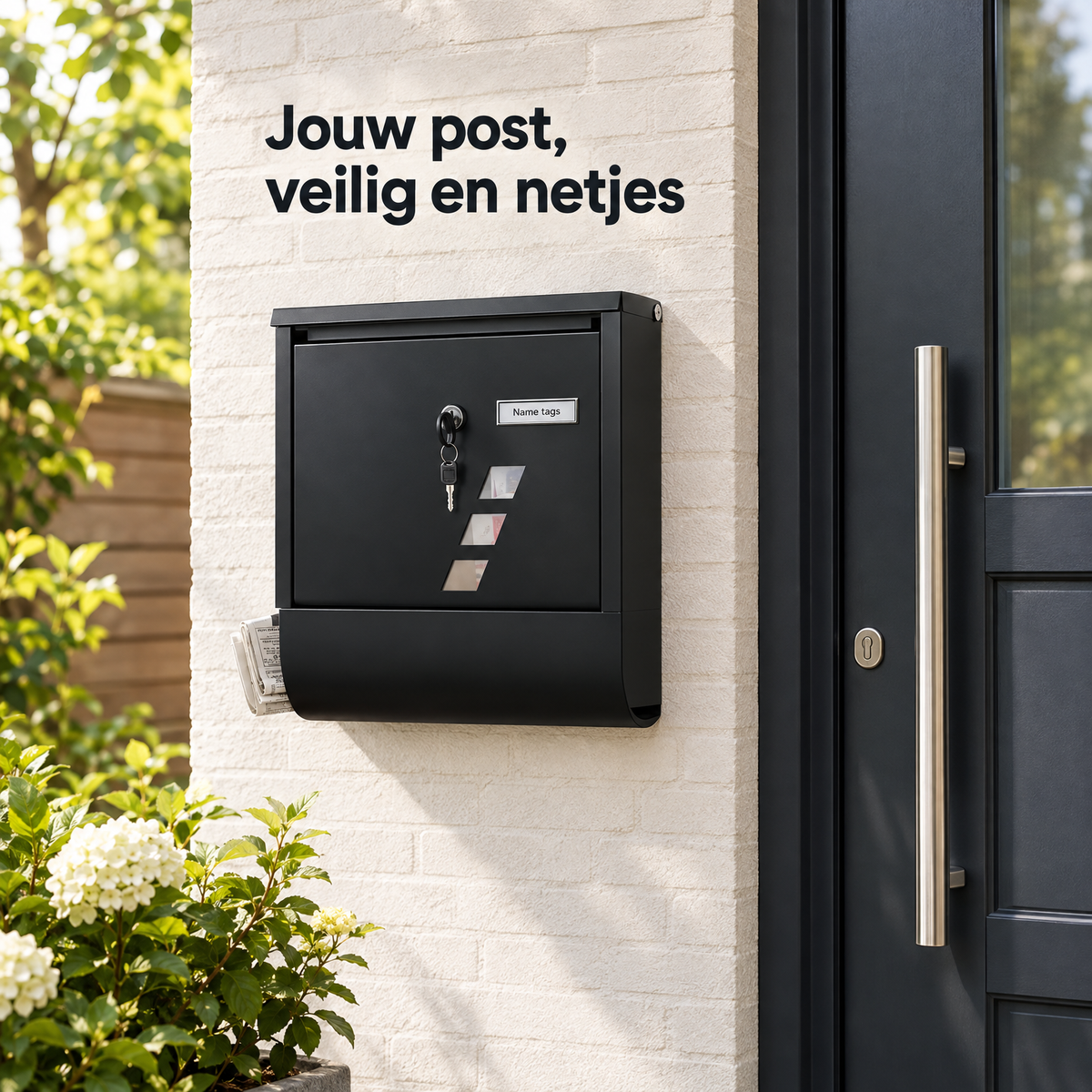 BukkitBow wandbrievenbus met krantenvak, 3 kijkvensters, naamplaatje en slot, geschikt voor buitengebruik