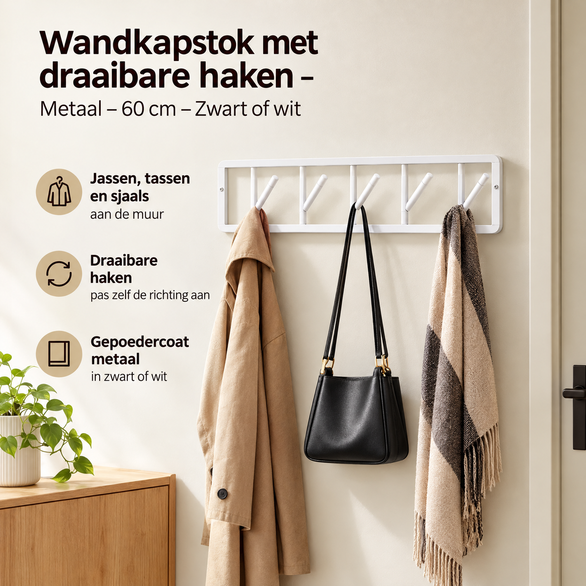 Zwarte of witte wandkapstok met draaibare metaalhaken, 60 cm, ideaal voor het ophangen van jassen en accessoires.