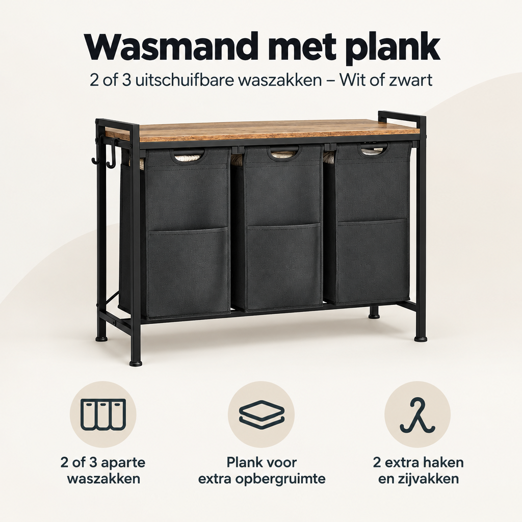 Overzicht van wasmand met plank met de belangrijkste productvoordelen