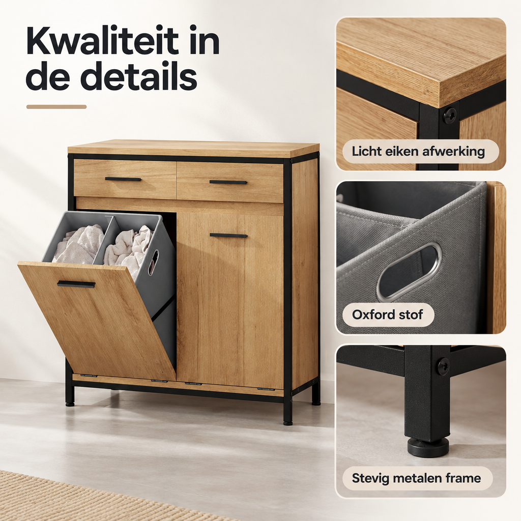 Detail van materiaal en afwerking van wasmandkast