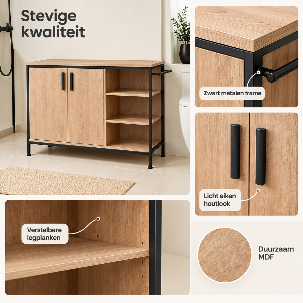 Detail van materiaal en afwerking van wastafelonderkast 90 cm