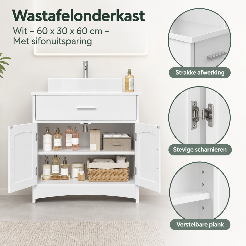 Detail van materiaal en afwerking van wastafelonderkast