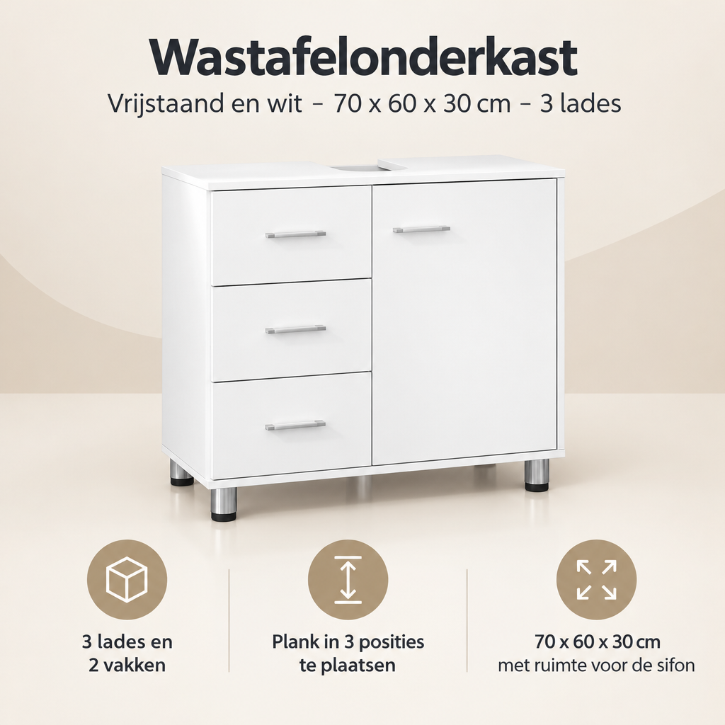 Overzicht van wastafelonderkast met de belangrijkste productvoordelen