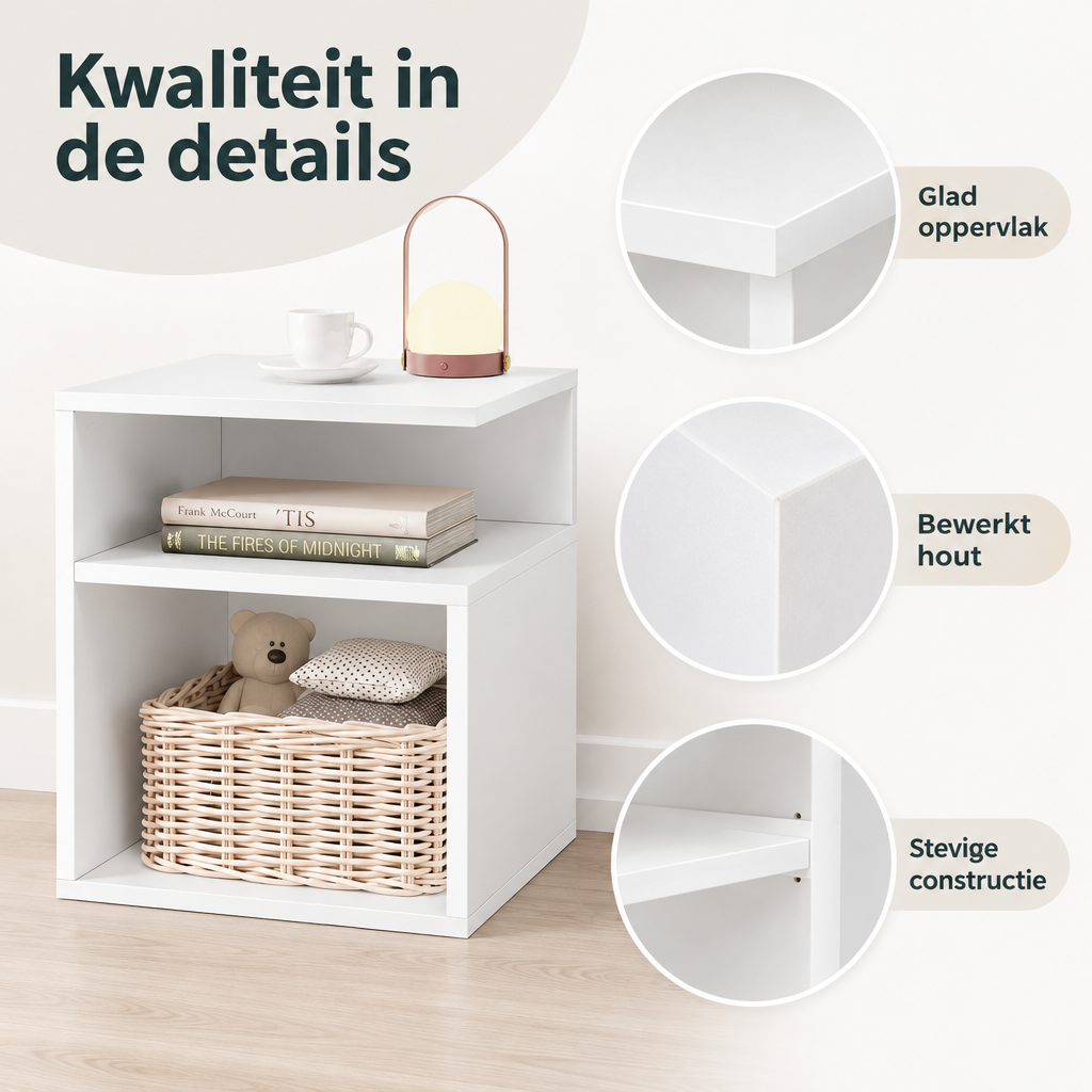 Detail van materiaal en afwerking van wit nachtkastje