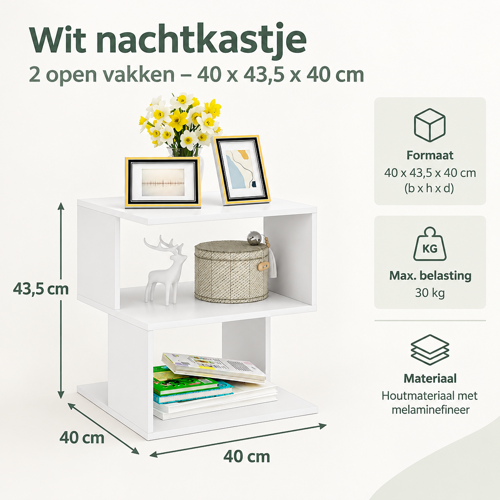 Afmetingen en productspecificaties van wit nachtkastje