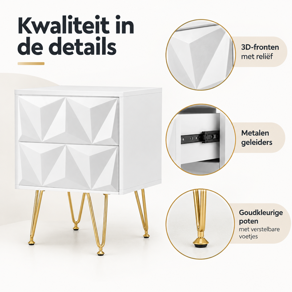 Detail van materiaal en afwerking van wit nachtkastje met lades