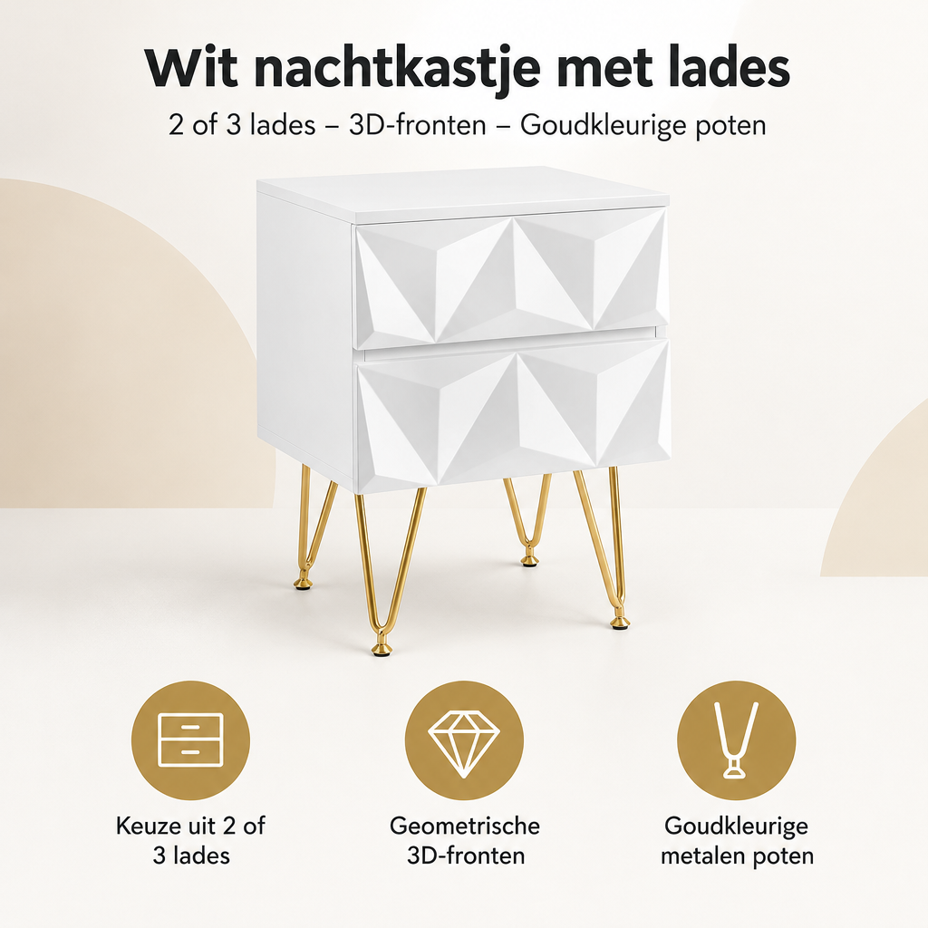 Overzicht van wit nachtkastje met lades met de belangrijkste productvoordelen