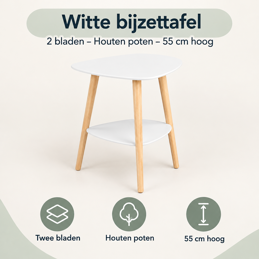 Overzicht van witte bijzettafel met de belangrijkste productvoordelen