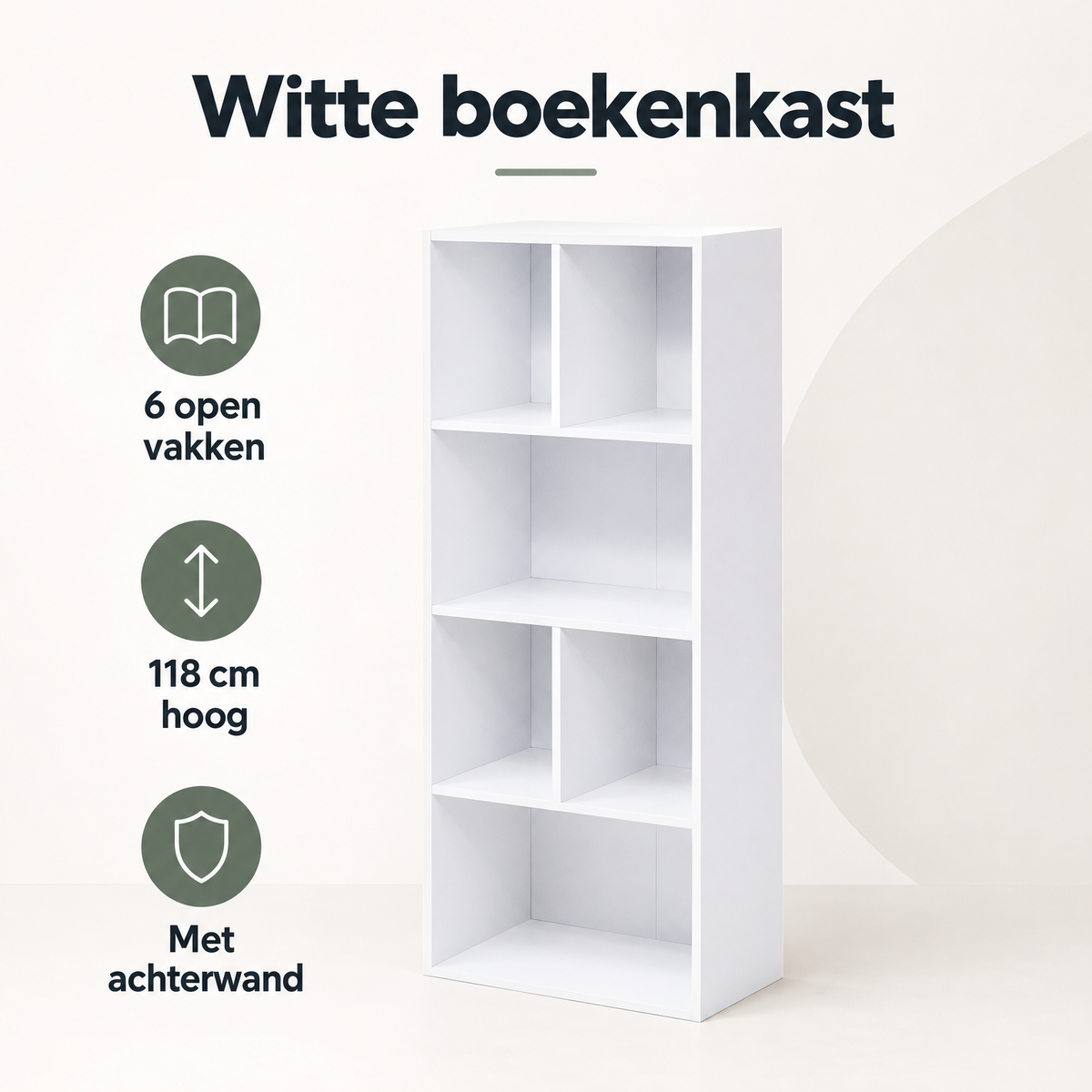Overzicht van witte boekenkast met de belangrijkste productvoordelen