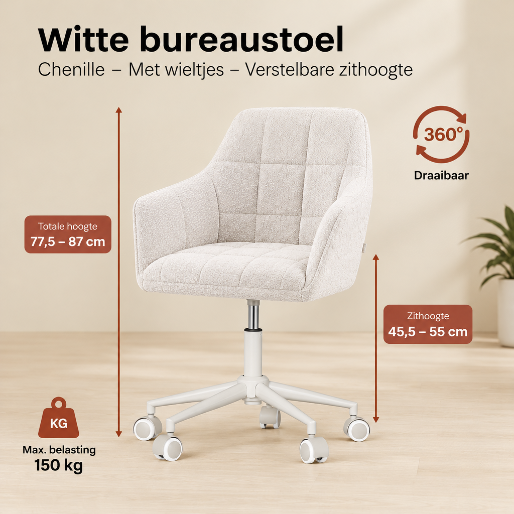 Afmetingen en productspecificaties van witte bureaustoel