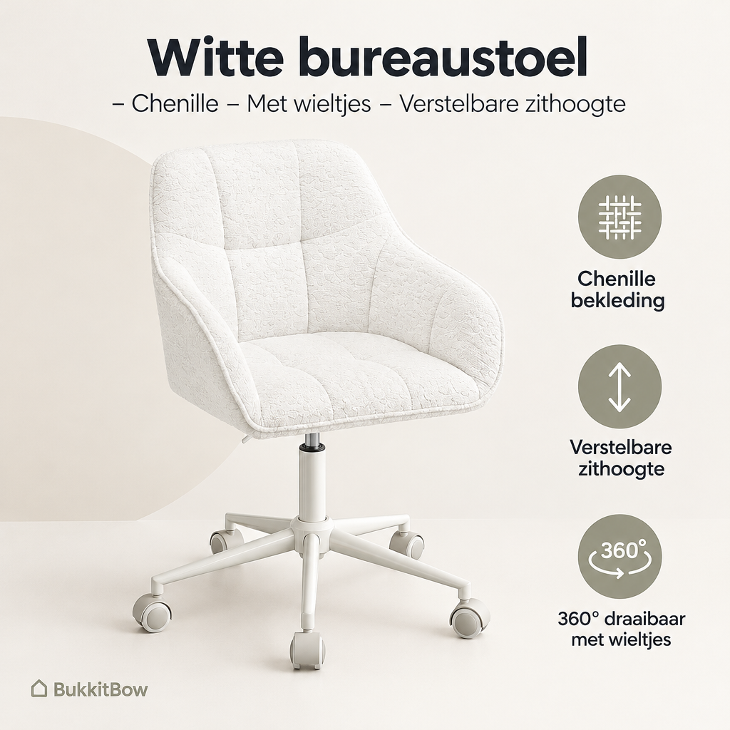 Overzicht van witte bureaustoel met de belangrijkste productvoordelen