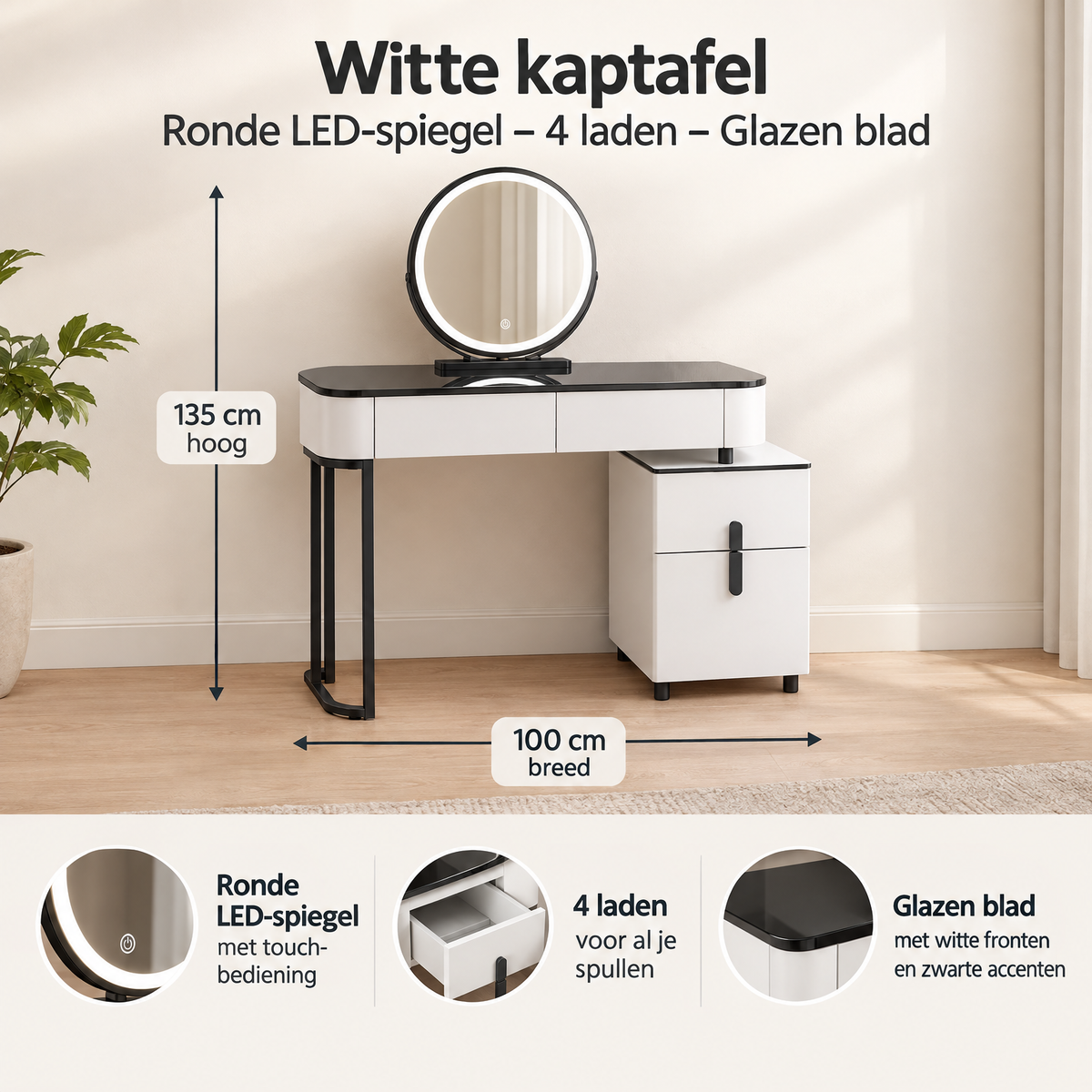Afmetingen en productspecificaties van witte kaptafel met LED-spiegel