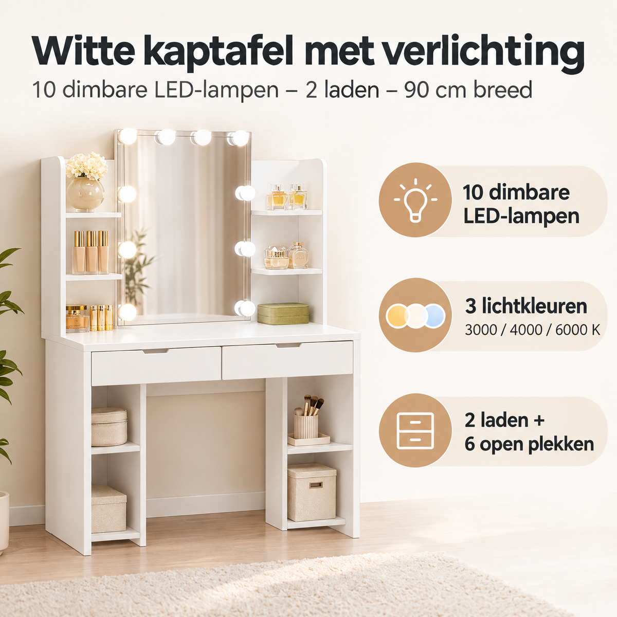 Belangrijkste voordelen en eigenschappen van witte kaptafel met verlichting