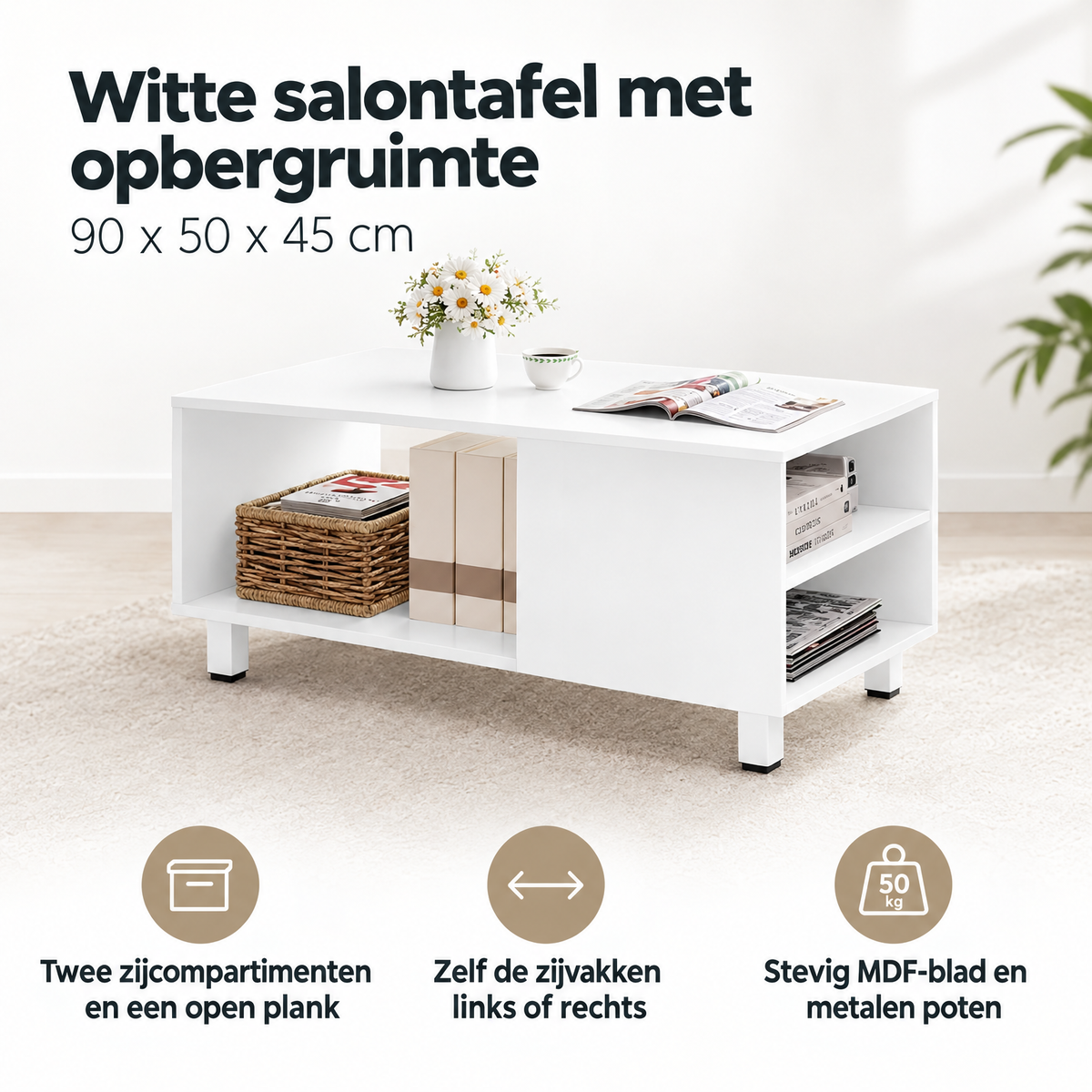 Witte salontafel met opbergruimte van BukkitBow, 90x50x45 cm, met open vakken voor opslag en decoratie in de woonkamer.