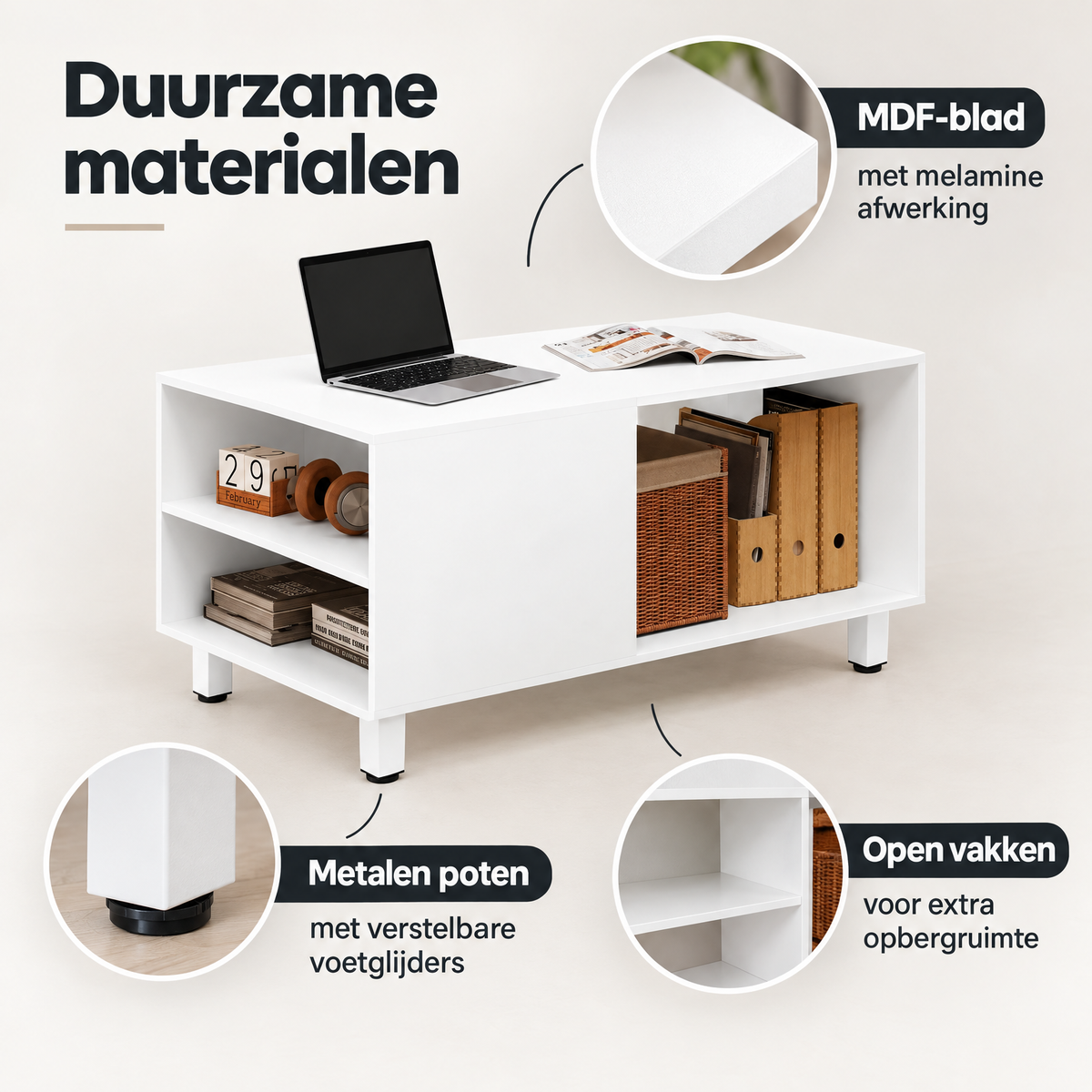 Witte salontafel met opbergruimte en open vakken, BukkitBow, 90 x 50 x 45 cm, houten oppervlak en moderne uitstraling