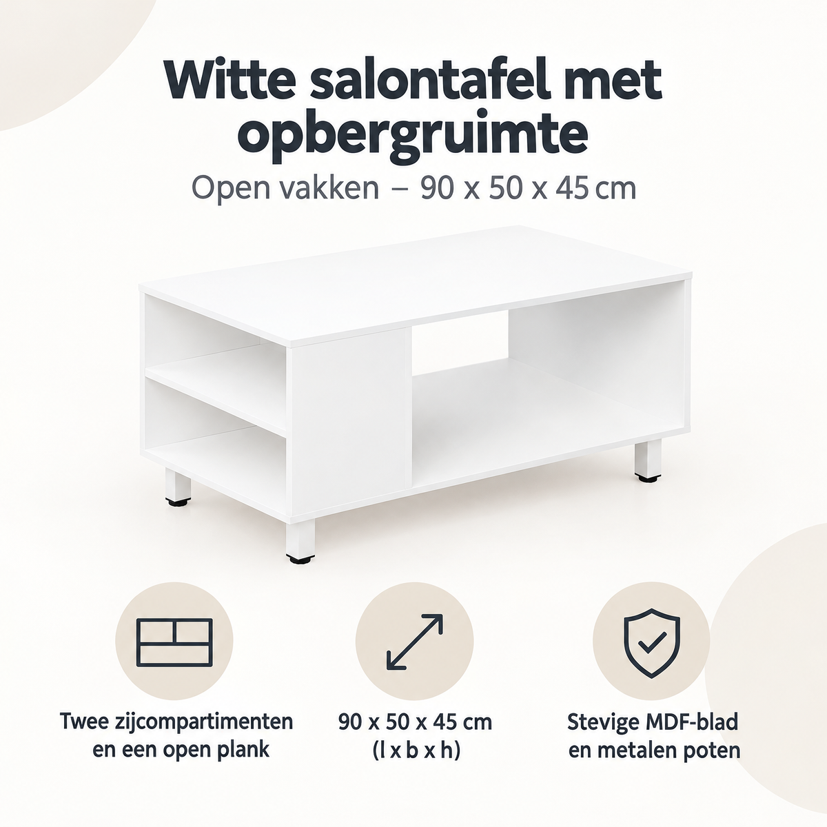 Witte salontafel van BukkitBow met opbergruimte en open vakken, afmetingen 90 x 50 x 45 cm, modern en functioneel design
