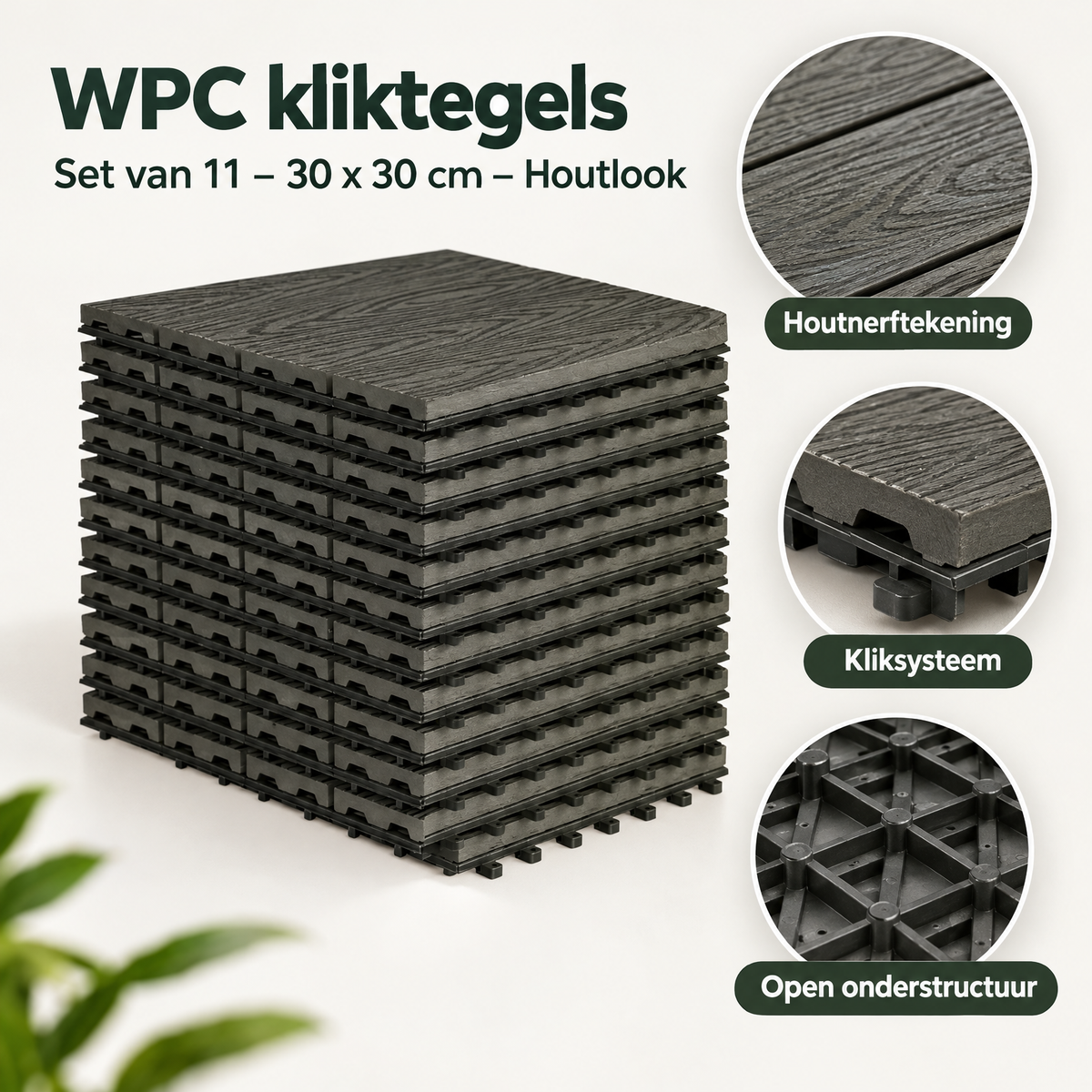 Detail van materiaal en afwerking van WPC kliktegels