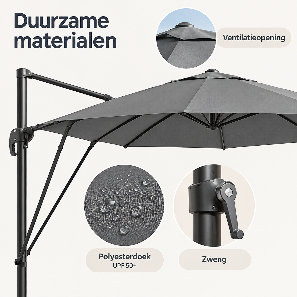 Detail van materiaal en afwerking van zweefparasol 3 meter
