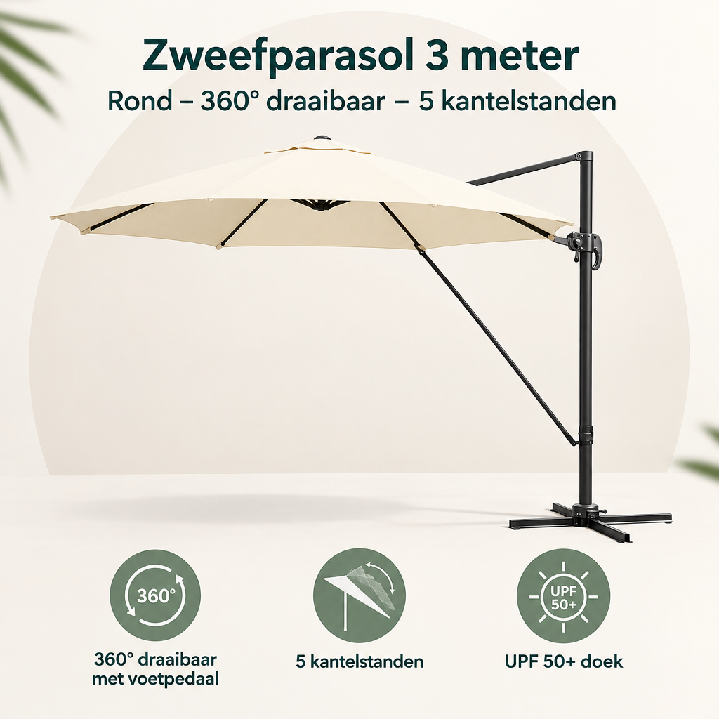 Overzicht van zweefparasol 3 meter met de belangrijkste productvoordelen