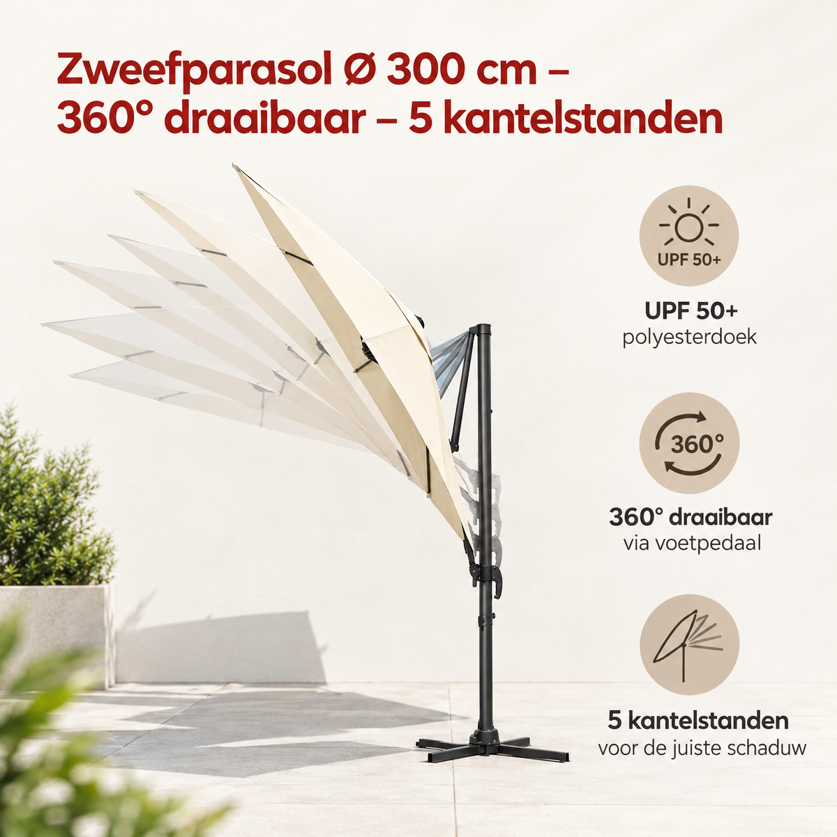 Zweefparasol van BukkitBow met Ø 300 cm, 360° draaibaar en 5 kantelstanden, staat open in tuinomgeving
