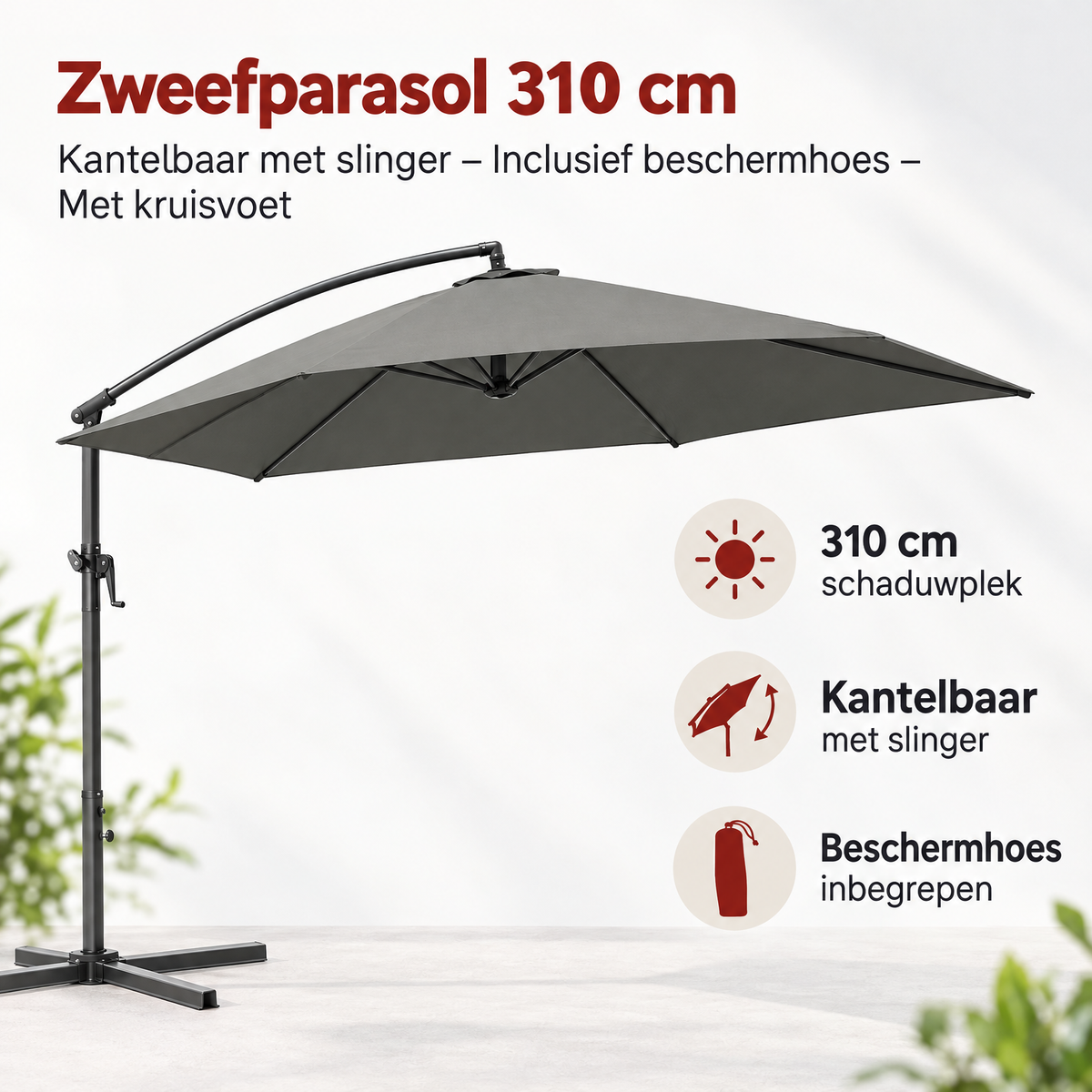 Zweefparasol BukkitBow, 310 cm, kantelbaar met slinger, inclusief beschermhoes en kruisvoet, voor schaduw in de tuin