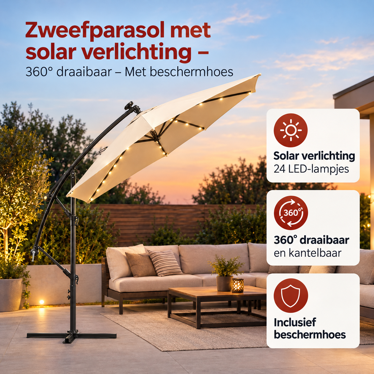 BukkitBow zweefparasol met solar verlichting, 360° draaibaar en inclusief beschermhoes, ideaal voor buitenruimte.