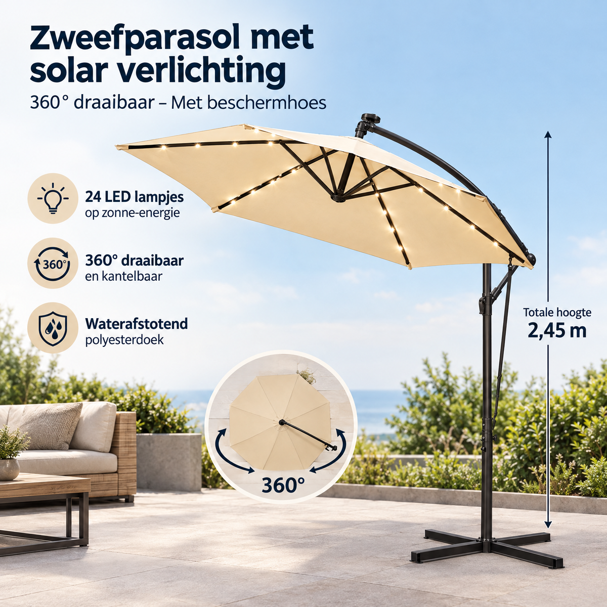 Zweefparasol van BukkitBow met solar verlichting, 360° draaibaar en inclusief beschermhoes, geschikt voor tuin of terras.