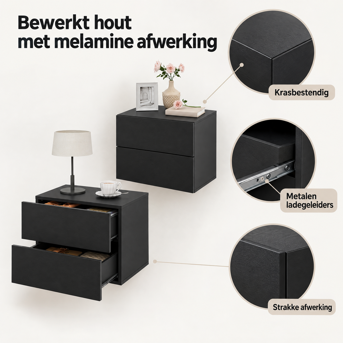 Set van 2 zwevende nachtkastjes met lade, 40 cm breed, in wit of zwart, van BukkitBow, geschikt voor moderne slaapkamers.