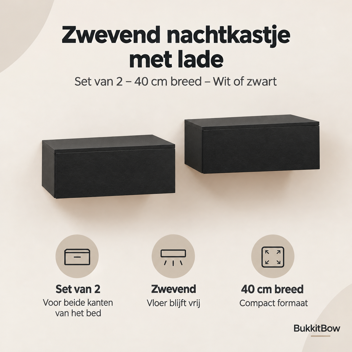 Zwevend nachtkastje met lade van BukkitBow, set van 2, 40 cm breed, wit of zwart, wandmontage met lade en strakke afwerking.